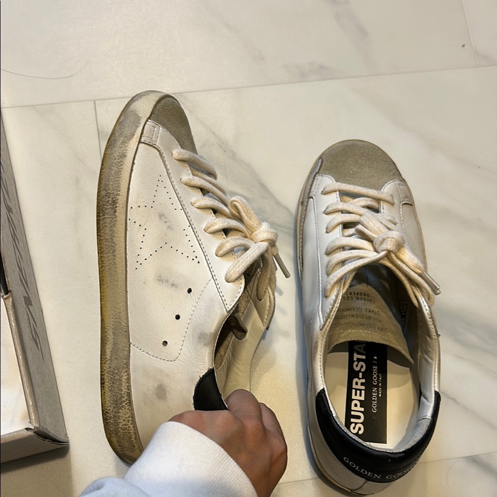 Golden Goose White Sneakers with Beige Distress and Black Heel